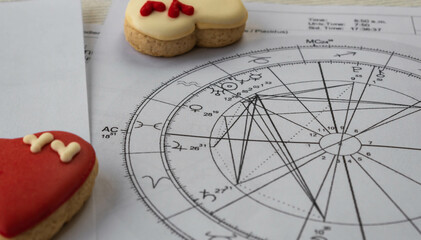 Wall Mural - Printed astrology chart with Venus planet; red and yellow  heart shaped cookies in the background, astrology love concept