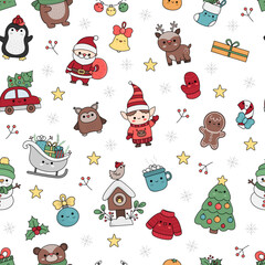 Wall Mural - Vector Christmas seamless pattern with kawaii Santa Claus, elf, sleigh, deer, fir tree, gingerbread man. Cute repeat background with funny winter characters. New Year holiday digital paper..