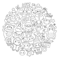 Poster - Vector Christmas round line coloring page for kids with cute kawaii characters. Black and white winter or New Year holiday illustration with funny Santa Claus, deer, elf, bear, tree framed in circle.