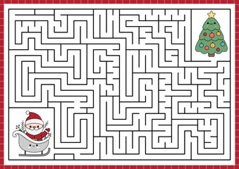 Wall Mural - Christmas maze for kids. Winter holiday preschool printable activity with cute kawaii Santa Claus on sleigh going to decorated tree. New Year labyrinth game or puzzle with cute characters.