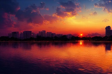 Poster - Cartoon drawing Colombo city skyline and Beira lake chanel at sunset Colombo is the commercial capital and largest city of Sri Lanka , Anime style no watermark