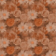 Vintage Peach Floral Seamless Pattern Background with Shabby Cottage Chic Daisy and Rose Flowers Repeating Design on Old Brown Wood texture