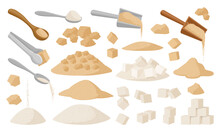 Cartoon Sugar, Sweet Cooking Ingredient Pile, Cube Or Powder. White Sugar Seasoning In Spoon Or Bowl Flat Vector Illustration Set. Natural Sweet Product Collection