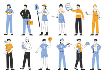 linear workers in professional uniform, various occupations. people professions, it programmer, doct