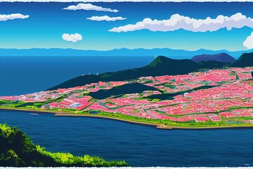 Poster - 2d drawing Funchal Madeira view over the capital city of the island towards harbor View from Pico dos Barcelo Atlantic Ocean in the background , Anime style