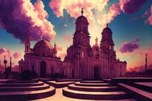 Anime Style, Exterior Metropolitan Cathedral In Mexico City Latin America , Anime Style No Watermark