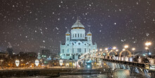 December 14, 2021, Moscow, Russia. The Cathedral Of Christ The Savior In The Russian Capital During A Snowfall On A Winter Evening.