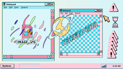 Wall Mural - Cute retro vaporwave style collage of user interface elements. Pixelated Y2K window boxes, tabs, buttons.