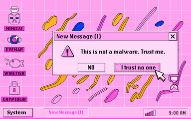 Leinwandbilder - PC desktop with start menu, window boxes and icons in retro Y2K or 2000's style. Collage of UI and UX design elements in pastel pink colors.