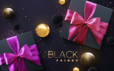 Wall Mural - Black Friday sale poster with black gift box and golden sign