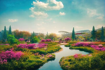 anime style, View from the pond at Genclik Parki a public park with cultural center youths' center theme park and convention halls at the center of Ankara; capital city of Turkey , Anime style no wa