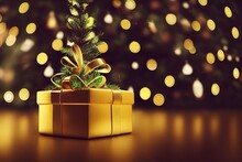 A Gold Gift Box With A Christmas Tree In The Background, A Small Christmas Tree With Gold Decorations And A Golden Present Box.
