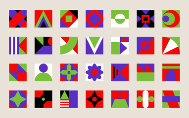 Poster - Abstract geometric pattern, colorful bauhaus forms. Basic memphis brutalism circles and squares, business grid. Contemporary mosaic. Collage compositions. Vector simple design illustration
