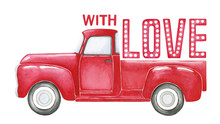 Watercolor Red Truck With Love, Isolated On Transparent Background