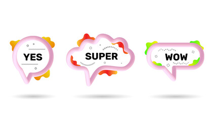 Aufkleber - 3d talk balloon for idea, speech bubbles. Wow super and yes dialogue messages with abstract forms, text chat frames, social cloud label set. Circle and cloud form. Vector icon background