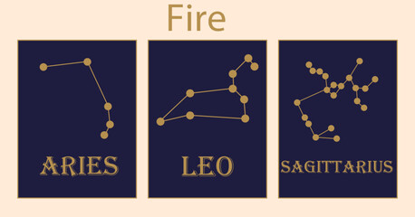 Wall Mural - zodiac fire signs. aries leo and sagittarius. golden star constellations on darkbackground, horoscop