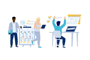 Poster - Time management. Business people planning work and strategy. Tasks priority and agenda control. Schedule planner whiteboard. Goals organization. Worker completed job. Vector concept