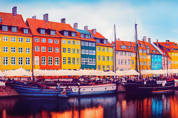 Sticker - Cartoon style Panorama of north side of Nyhavn with colorful facades of old houses and old ships in the Old Town of Copenhagen capital of Denmark , Anime style