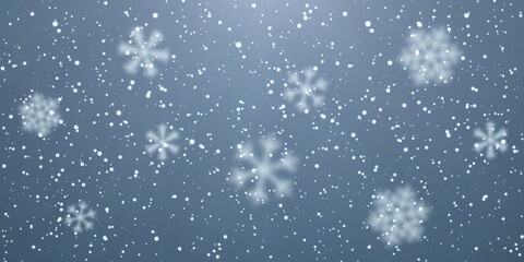 Wall Mural - Christmas snow. Falling snowflakes on dark blue background. Snowfall. Vector illustration