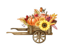 Autumn Season Vintage Style Floral Decor. Watercolor Illustration. Hand Drawn Wooden Farm Wheel Cart With Ripe Pumpkins, Sunflower, Autumn Leaves Robin Bird. Cozy Countryside Decor. White Background
