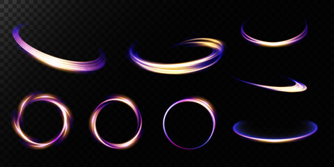 Leinwandbilder - Set of neon light rings. Whirlwind effect. Curve blue, purple, gold line light effect. Abstract dark background, rings with glowing swirling sights, and various backgrounds. Energy flow tunnel.