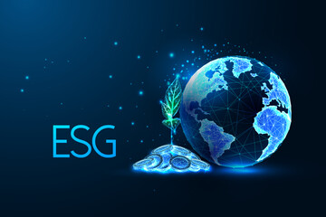 Concept of Environmental Social Government ESG business investment with planet Earth, plant, coins