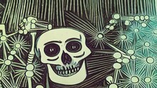 Generative AI Colorful Animation Of Engraving Of Mexican Skulls And Skeletons. Digital Image Painted Illustration Of Halloween Videoloop Cubist Style.