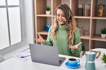 Poster - Young woman call center agent working at home