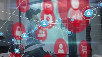 Poster - Animation of connections with icons over caucasian man in vr headset
