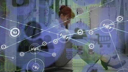 Poster - Animation of connections with icons over caucasian woman checking servers