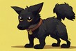 A small dark dog with a big tail and glowing eyes on a yellow background. Kid character, cartoon animation. Painting, concept art, illustration, wallpaper