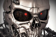 dangerous angry chrome robot skull with black eyes and red stripe 3d concept graphic illustration
