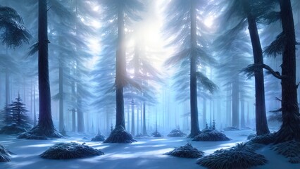 Winter snowy park. Trees in the snow, a frozen river, snowdrifts and ice. Fantasy winter landscape. Frosty sunset. 3D illustration.