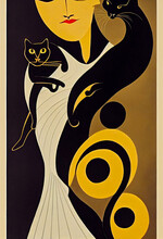 Abstract Digital Art Deco Style Postcard Illustration With Cats, Created With Generative Ai
