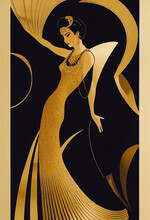 Abstract Digital Art Deco Style Postcard Illustration With Gold Trimmings, Created With Generative Ai