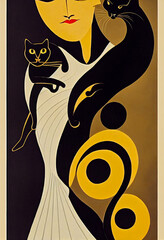 abstract digital art deco style postcard illustration with cats, created with generative ai