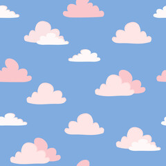 Pink clouds on blue sky seamless pattern vector illustration Childish background in pastel colors Flat cartoon style design for wrapping paper, textile, fabric, packaging