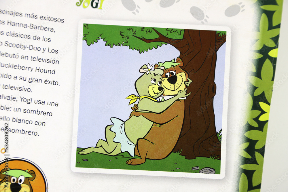  Yogi Bear and his girlfriend Cindy hugging and in love. Children's  magazine about Yogi Bear and his friend Bubu who live in the Jellystone forest. Hanna Barbera characters. Tv cartoon show.