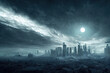 Panorama of dystopian sci-fi city / Digital artwork of futuristic post-apocalyptic sci-fi city ruins under dark sky.
