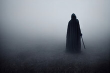 Grim Reaper Standing In The Fog At Night. Photo Of Personification Of Death Wielding In Silhouette