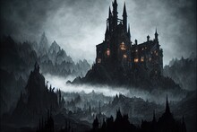 Background For A Scary Fairy Tale Background, A Dark Gothic Castle In A Dark Dead Valley With A Forest Around, Some Kind Of Gray Place In A Gloomy Area Of A Mountainous Region