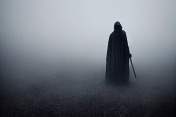 Wall Mural - Grim Reaper standing in the fog at night. Photo of personification of death wielding in silhouette