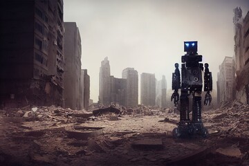 Wall Mural - Military robot in the ruined city, destroyed earth, digital painting. Concept apocalypse