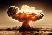 Nuclear Bomb Huge Explosion In City Skyline 3D Art Work Apocalyptic Illustration. Nuclear World War Tragic Fearful Doomsday Scene Stunning Dramatic Abstract Wallpaper. Atomic Armageddon Background