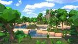 Fototapeta Londyn - Low Poly island in ocean, Minecraft style in 8K