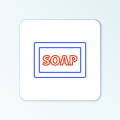 Wall Mural - Line Bar of soap with foam icon isolated on white background. Soap bar with bubbles. Colorful outline concept. Vector