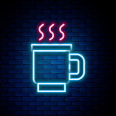 Sticker - Glowing neon line Cup of tea icon isolated on brick wall background. Colorful outline concept. Vector