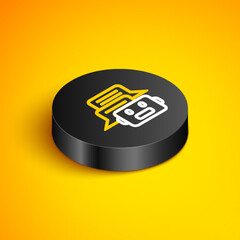 Wall Mural - Isometric line Chat bot icon isolated on yellow background. Chatbot icon. Black circle button. Vector