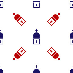 Sticker - Blue and red Christian church tower icon isolated seamless pattern on white background. Religion of church. Vector