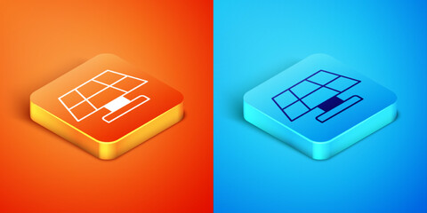 Isometric Solar energy panel icon isolated on orange and blue background. Vector